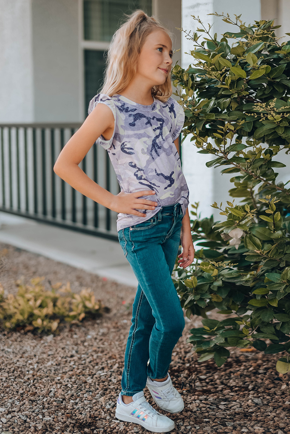 Gray Camo Print Flounced Armholes Little Girls' Tank