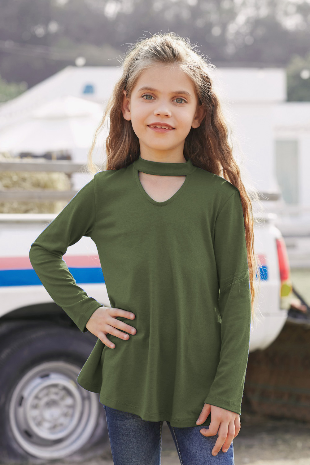 Green Choker Hollow-Out Front Little Girl Kids' Long Sleeves Top