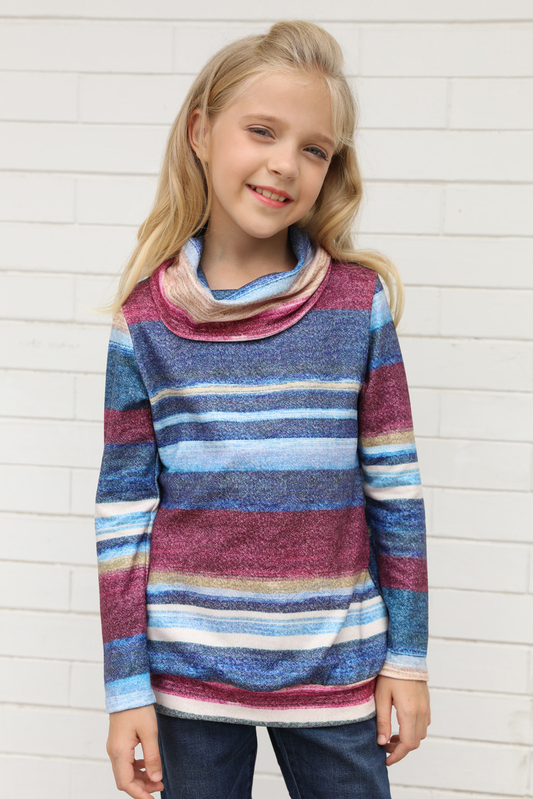 Blue Cowl Neck Girl's Striped Sweatshirt