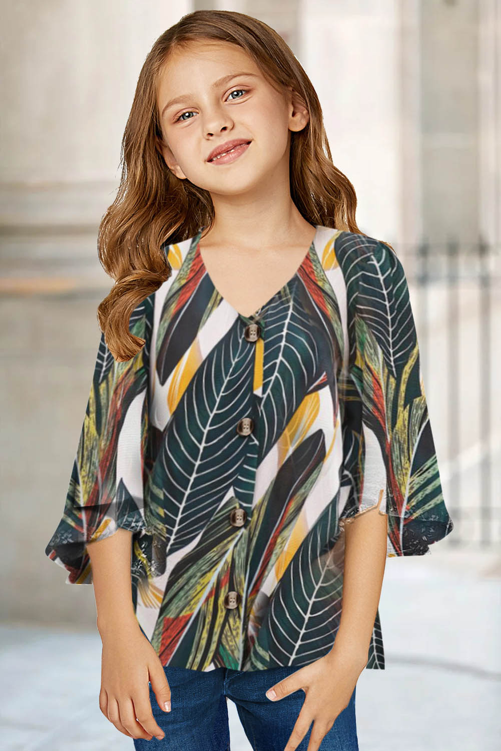 Tropical Leaf V Neck Ruffled Sleeve Buttons Girl's Blouse