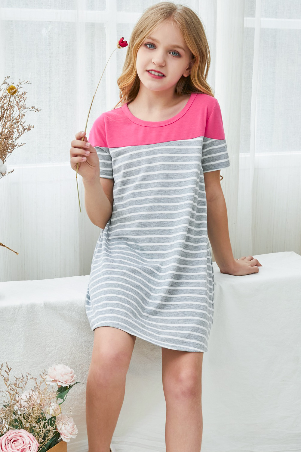 Rose Colorblock Patchwork Striped Girls' Dress