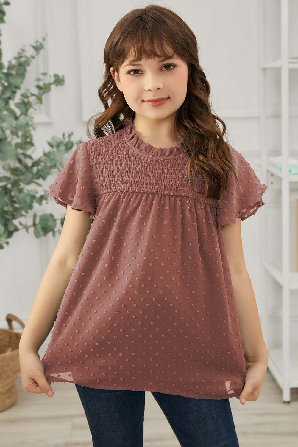 Little Girl Swiss Dot Ruffle Sleeves Top