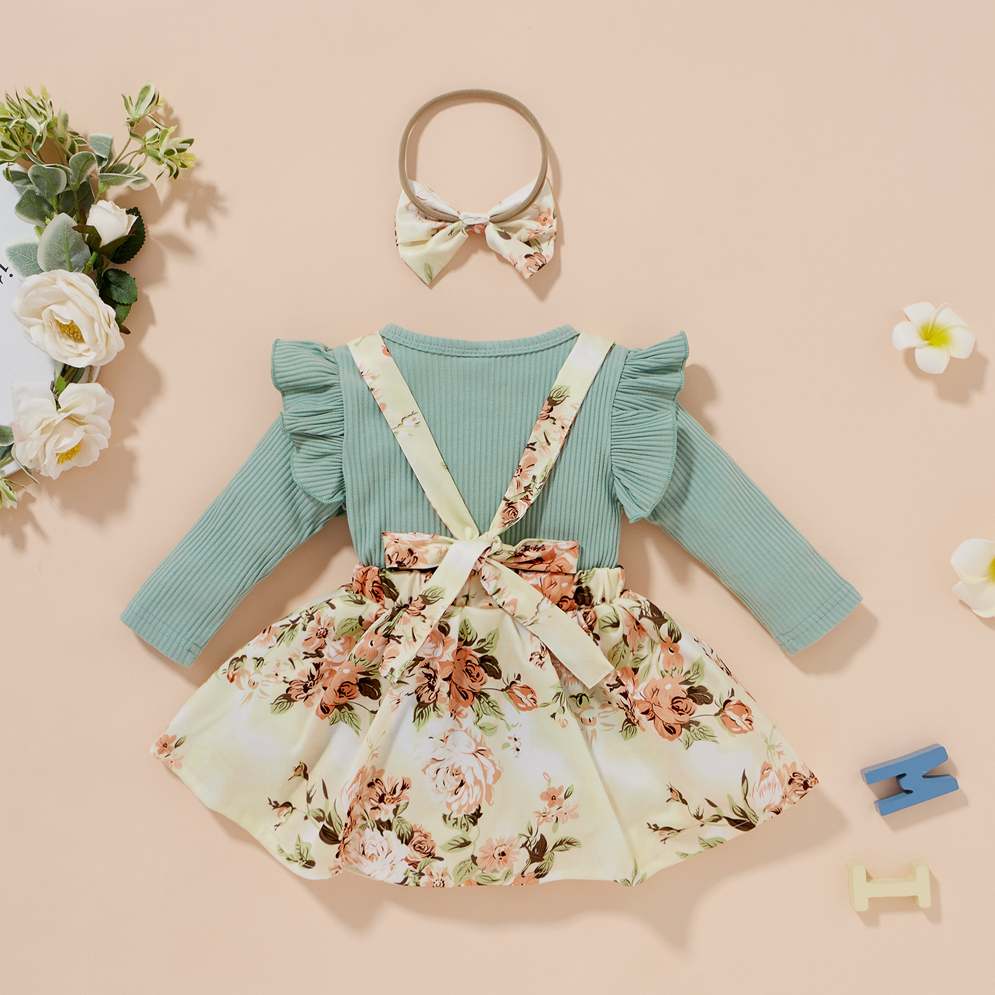 Girl's Ribbed Blouse & Floral Suspender Skirt Set With Headband