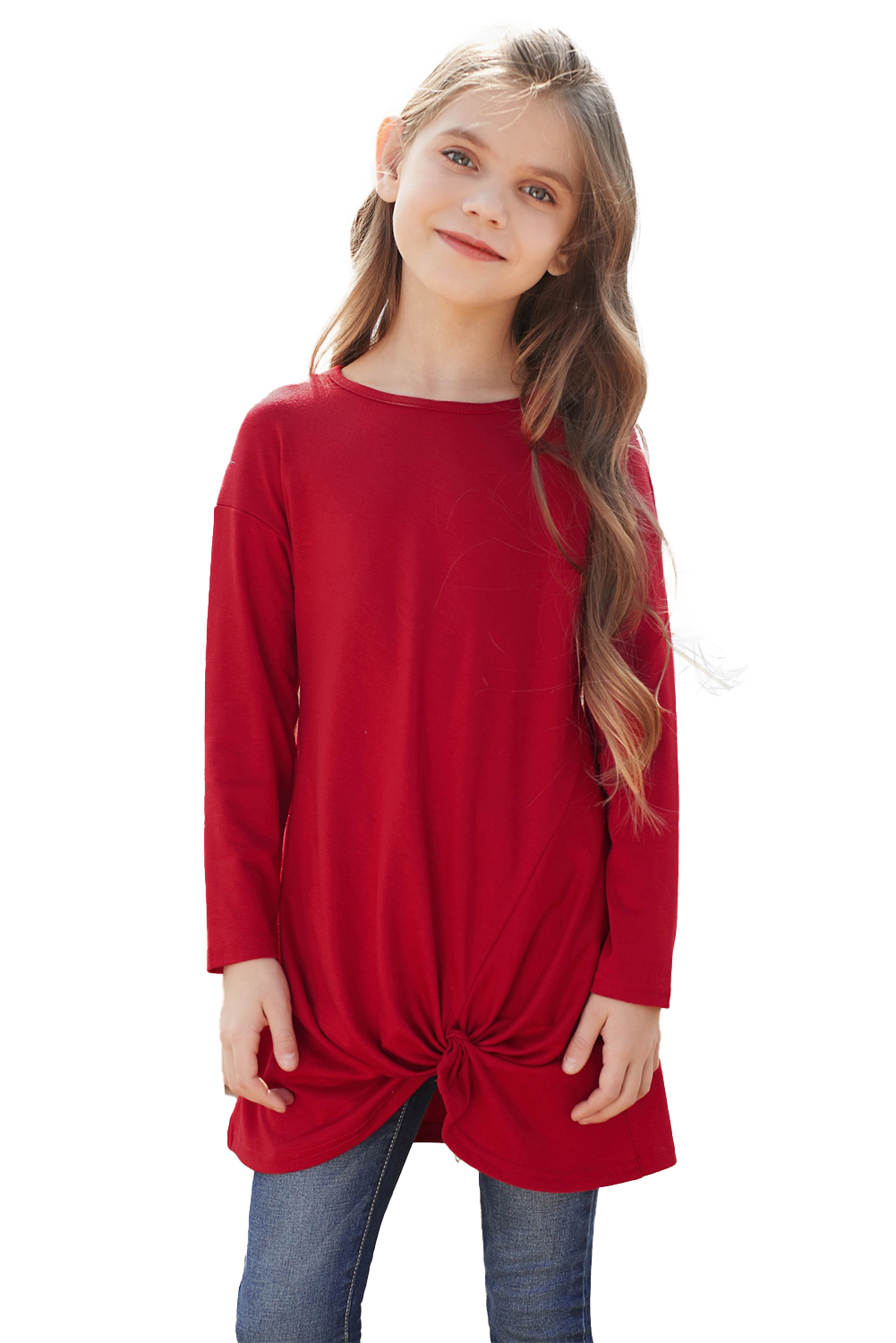 Red Twist Knot Detail Long Sleeve Girl’s Top