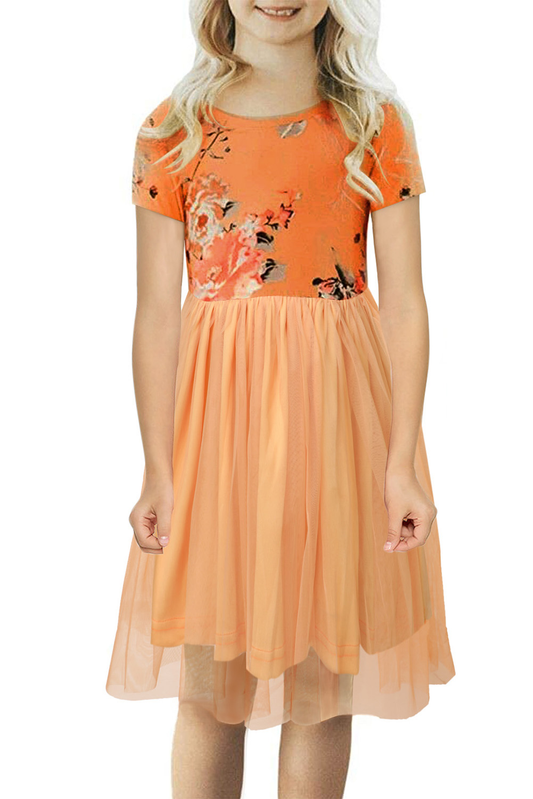 Orange Short Sleeves Floral Bodice Empire Waist Kids Tulle Dress