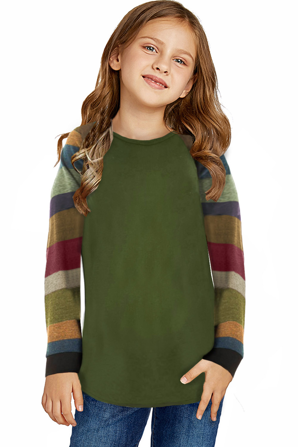 Green Striped Color Block Girl's Long Sleeve Top