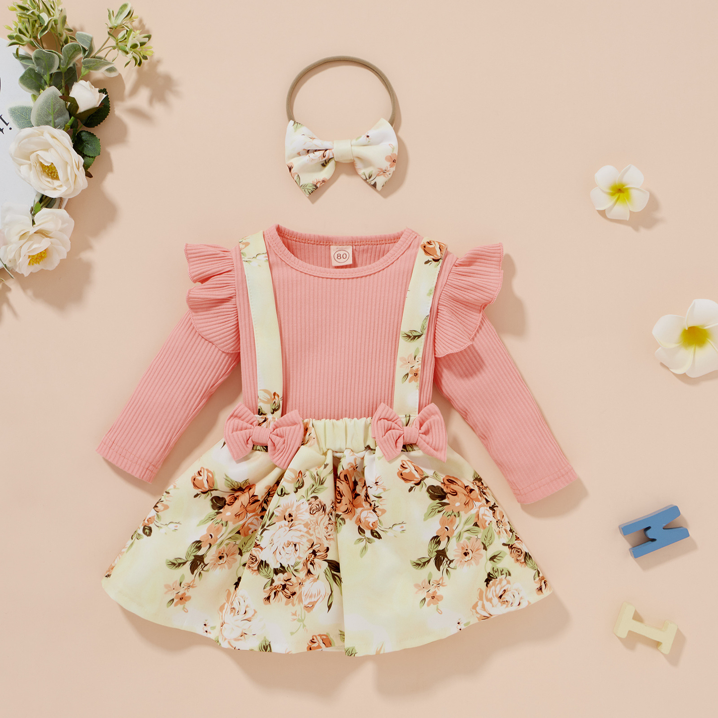 Girl's Ribbed Blouse & Floral Suspender Skirt Set With Headband