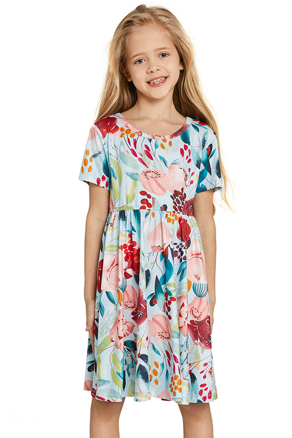 Sky Blue Crewneck Short Sleeve Floral Girl's Midi Dress