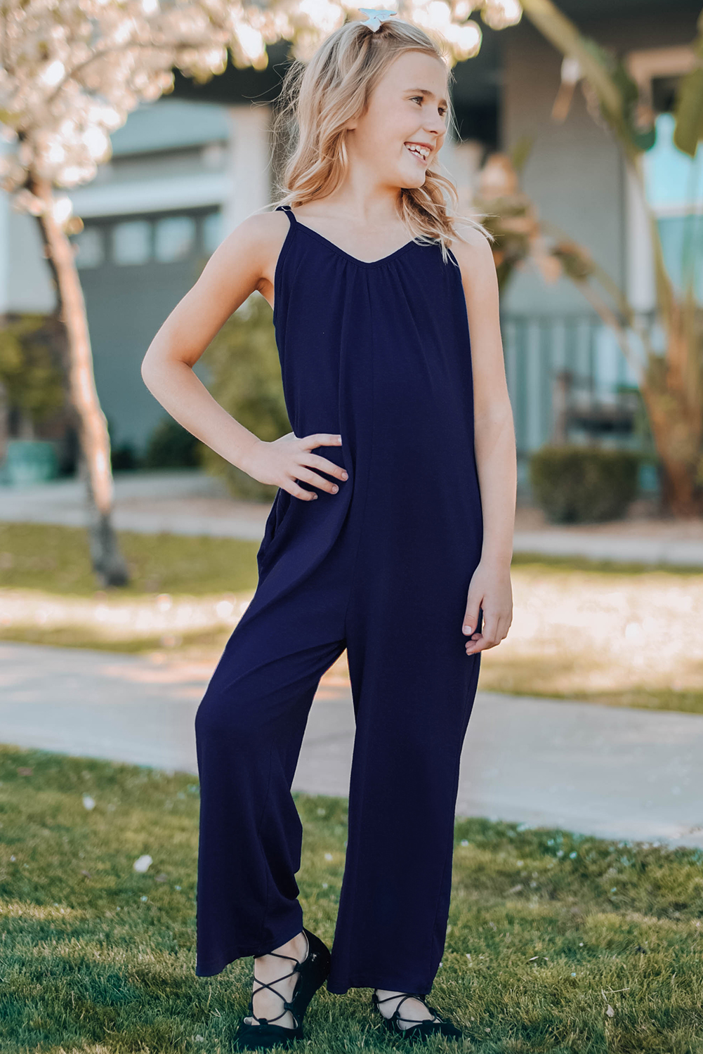 Blue Spaghetti Strap Wide Leg Girl's Jumpsuit With Pocket