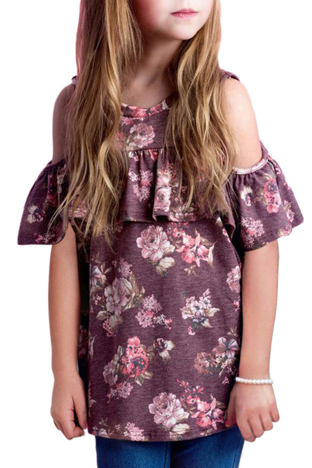 Ruffled Cold Shoulder Floral Girls' Top