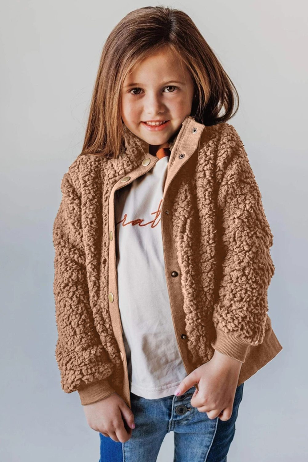 Brown Buttoned Solid Fleece Girl's Coat