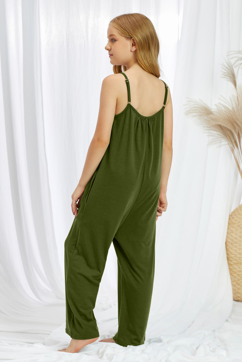 Green Spaghetti Strap Wide Leg Girl's Jumpsuit With Pocket