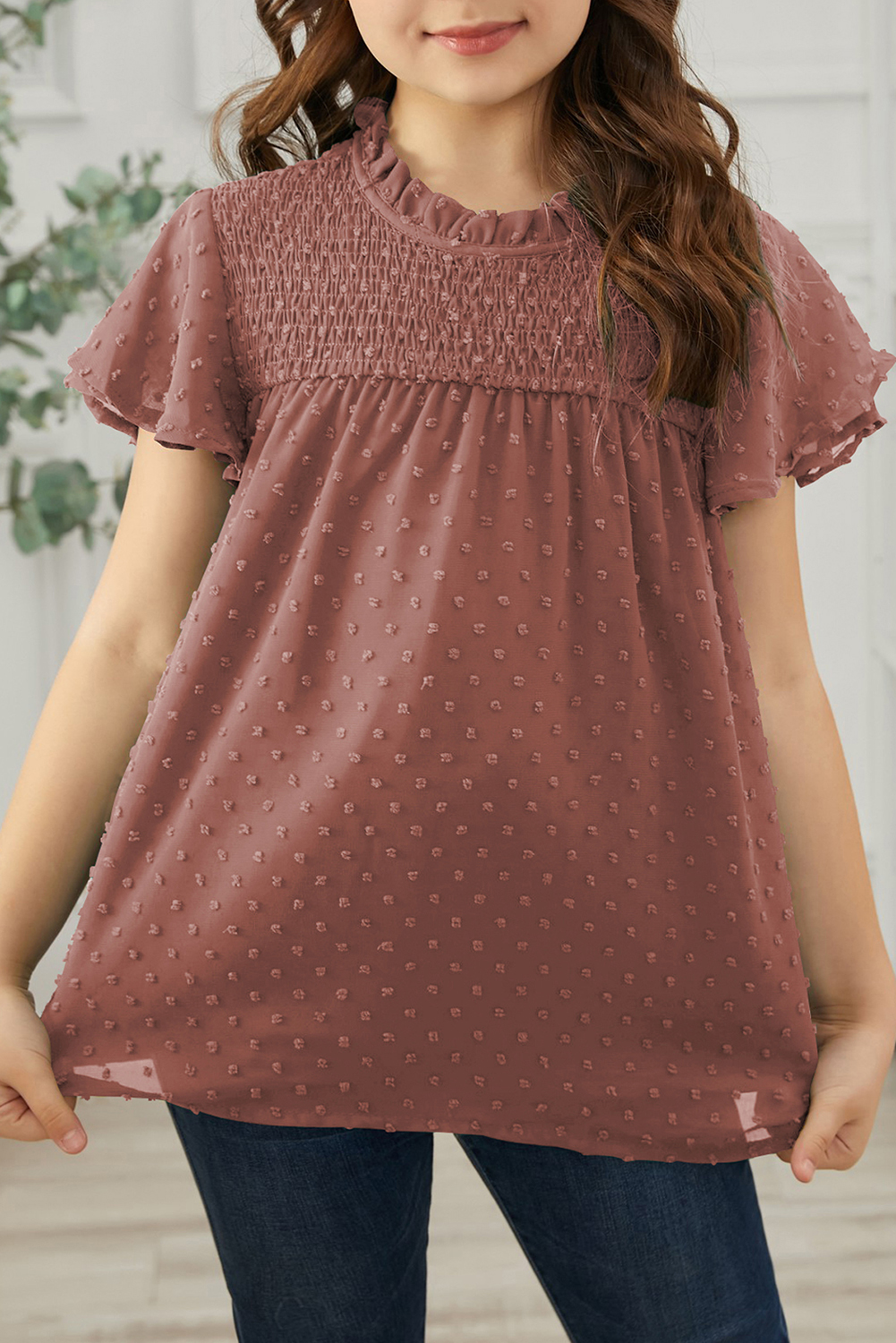 Little Girl Swiss Dot Ruffle Sleeves Top