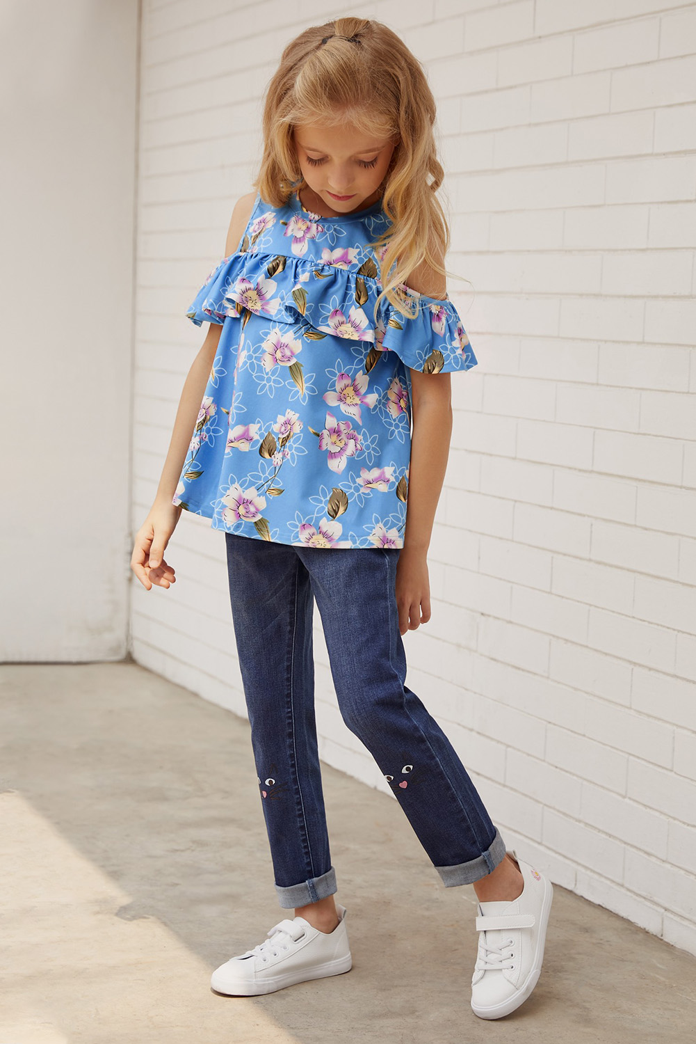 Sky Blue Ruffled Cold Shoulder Floral Girls' Top