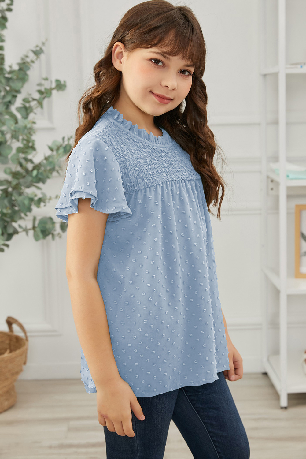 Sky Blue Little Girl Swiss Dot Ruffle Sleeves Top