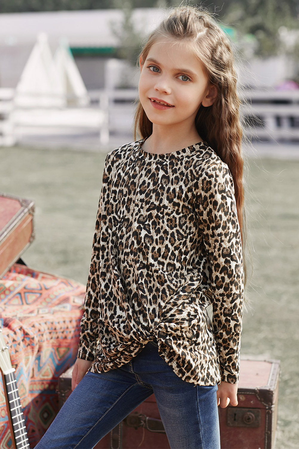 Leopard Print Side Knot Girls' Long Sleeve Top