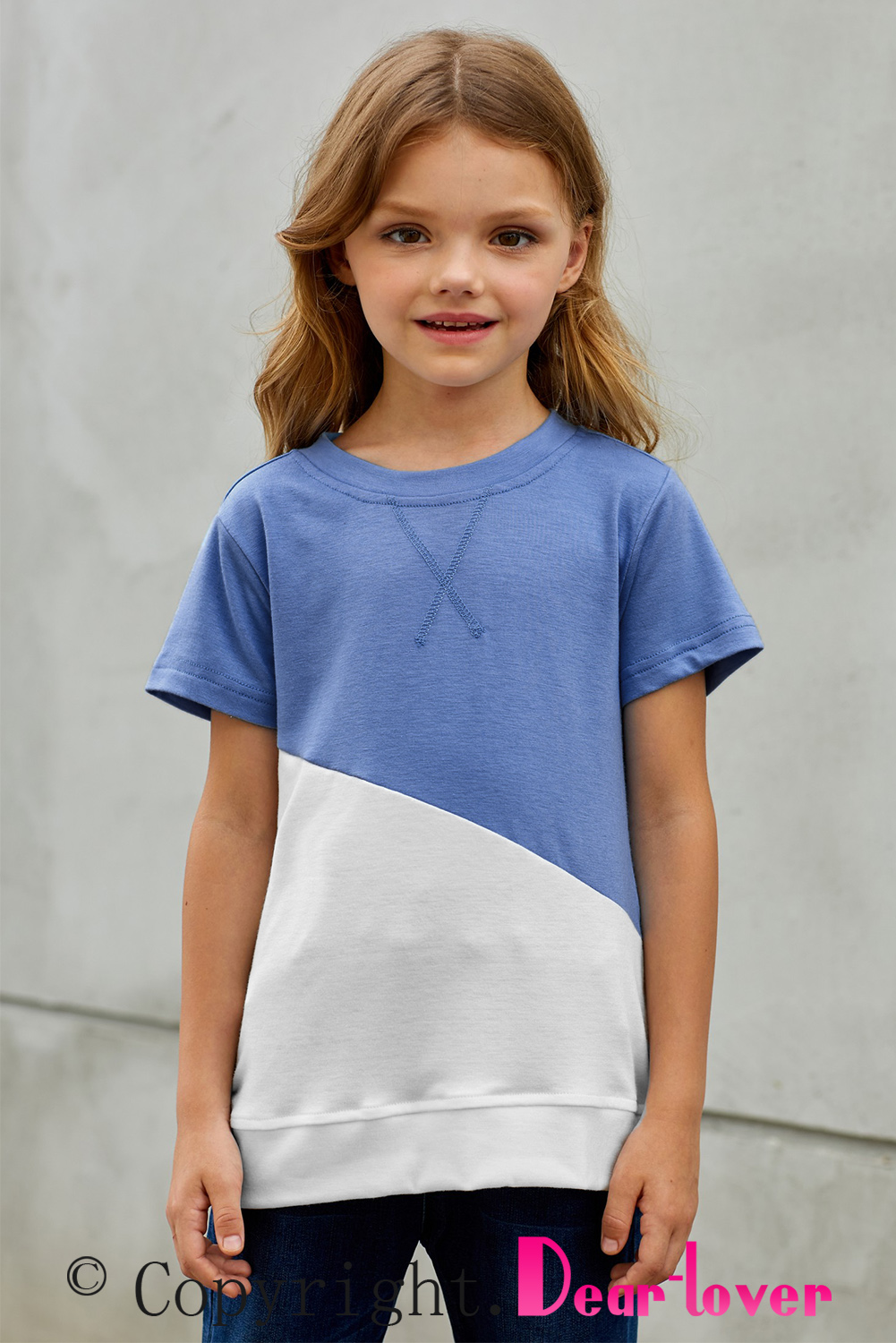 Sky Blue Colorblock Splicing Little Girl Tee