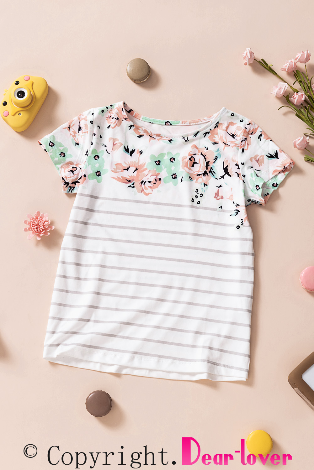 White Round Neck Floral Striped Print Kid's Tee