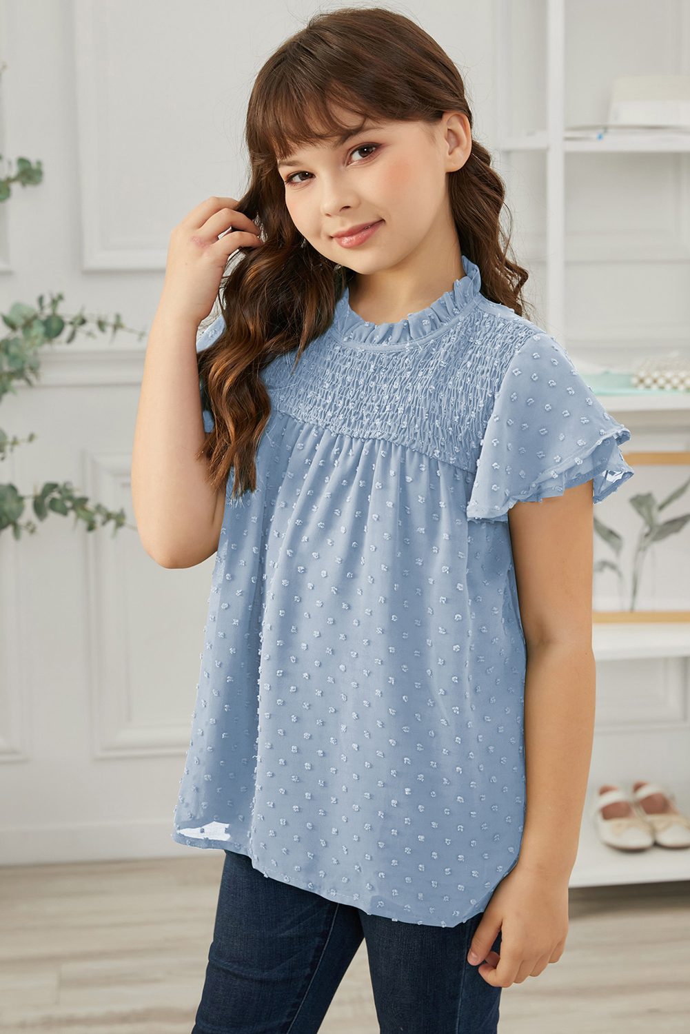 Sky Blue Little Girl Swiss Dot Ruffle Sleeves Top