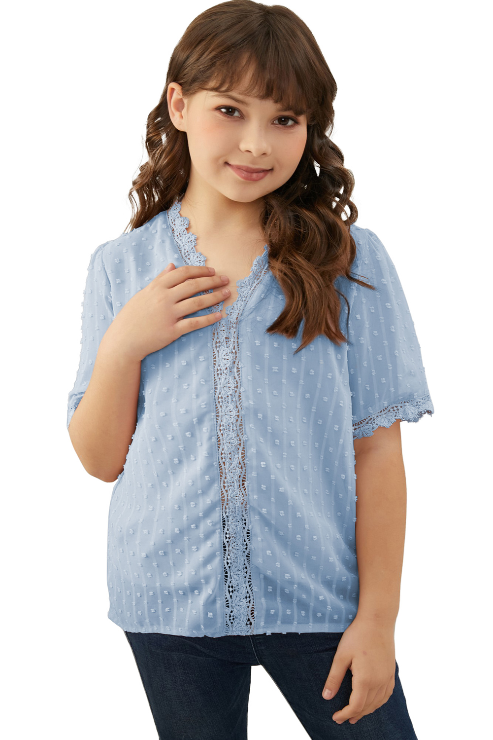 Sky Blue Swiss Dot Lace Short Sleeve Girls Top