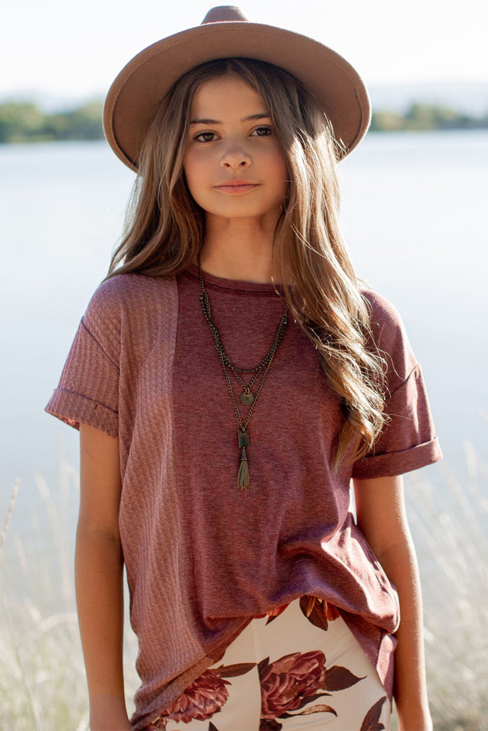 Red Girls Mix Waffle Textured Short Sleeve Top