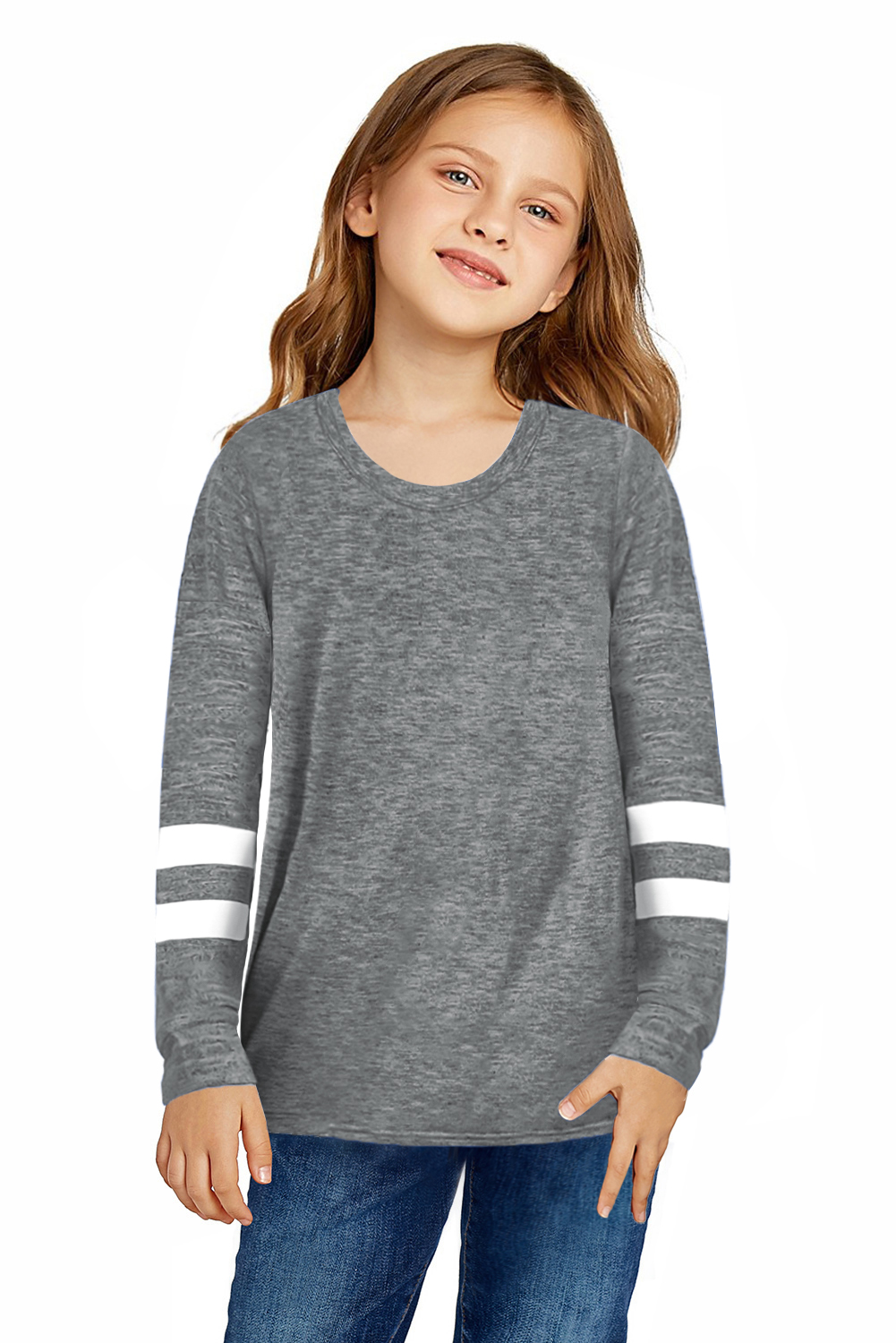 Gray Crewneck Striped Color Block Girl's Long Sleeve Top