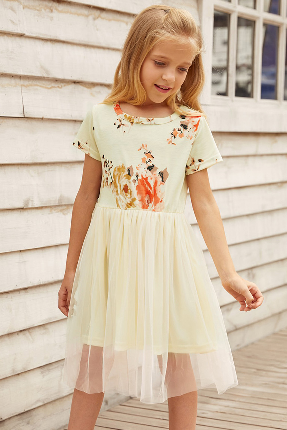 Short Sleeves Floral Bodice Empire Waist Kids Tulle Dress