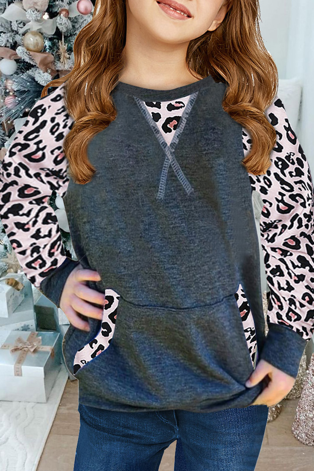 Leopard Raglan Sleeve Patchwork Little Girl Sweatshirt