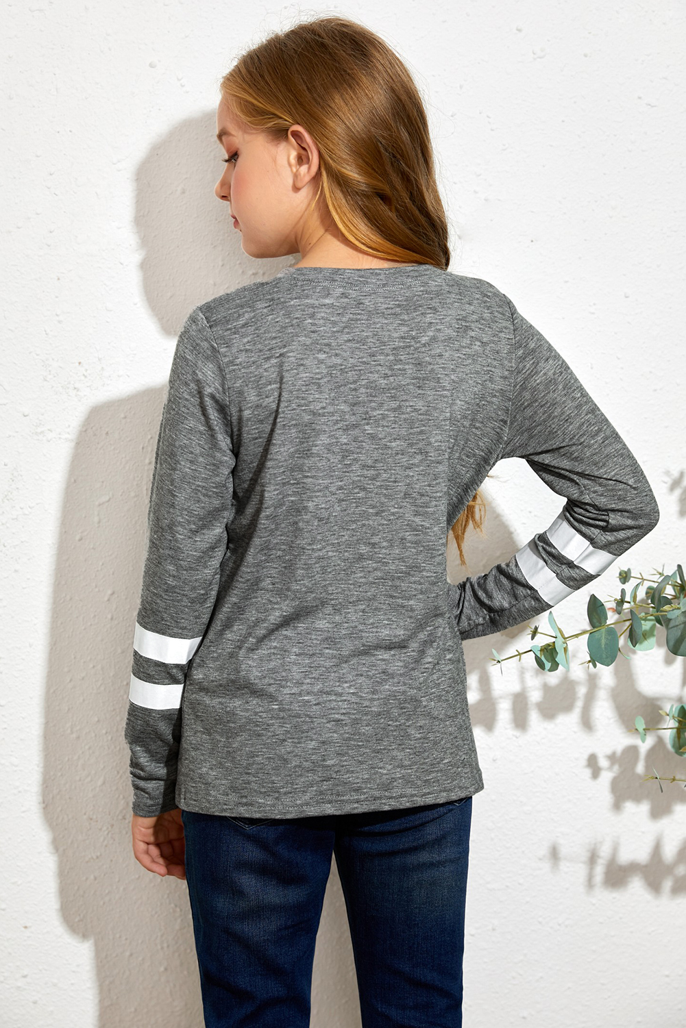 Gray Crewneck Striped Color Block Girl's Long Sleeve Top