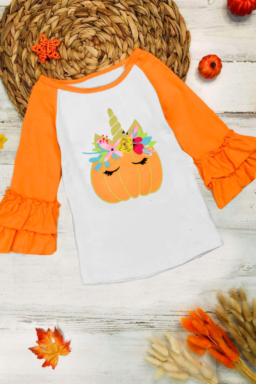 Pumpkin Print Colorblock Ruffled 3/4 Sleeve Girl's Shirt