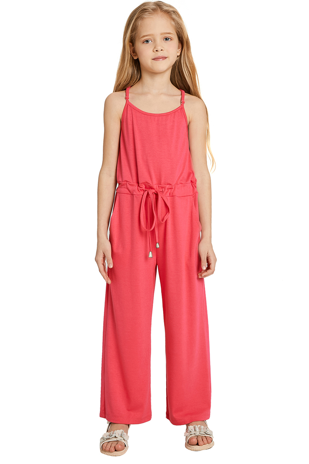 Red Spaghetti Strap Wide Leg Girls Jumpsuit