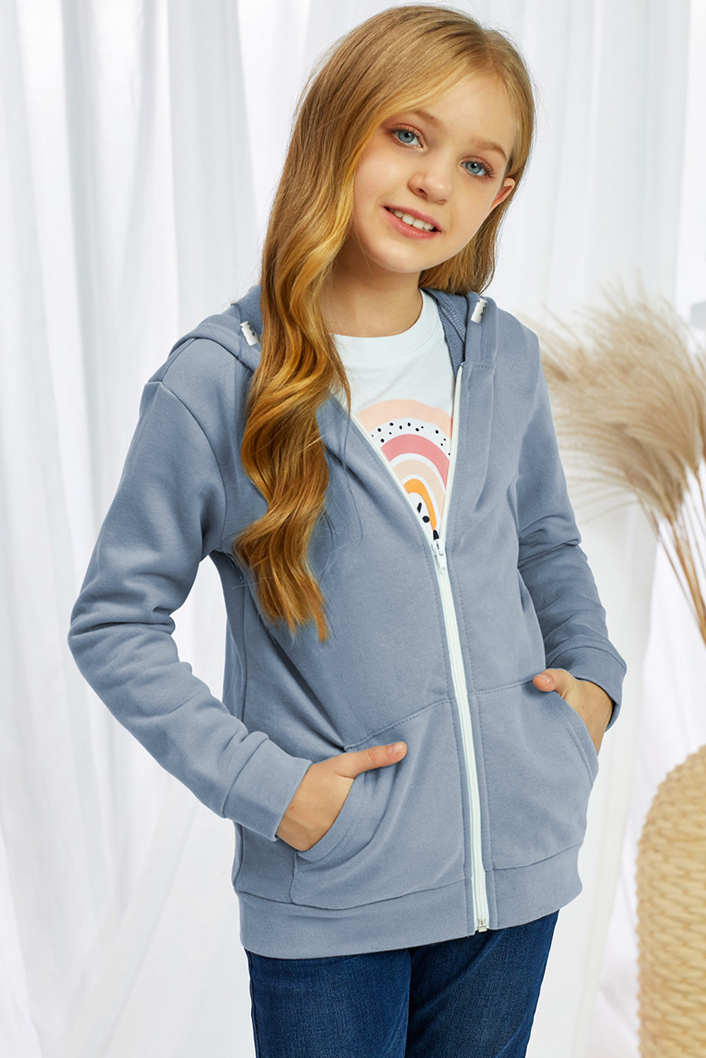 Sky Blue Zipper Hooded Girl’s Coat With Pocket