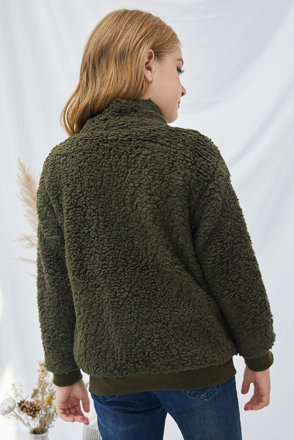 Green Buttoned Solid Fleece Girl's Coat