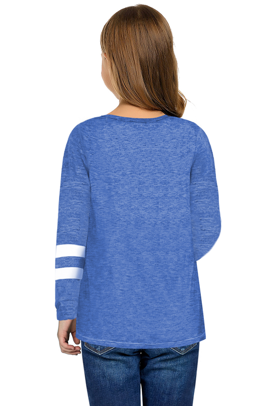 Blue Crewneck Striped Color Block Girl's Long Sleeve Top