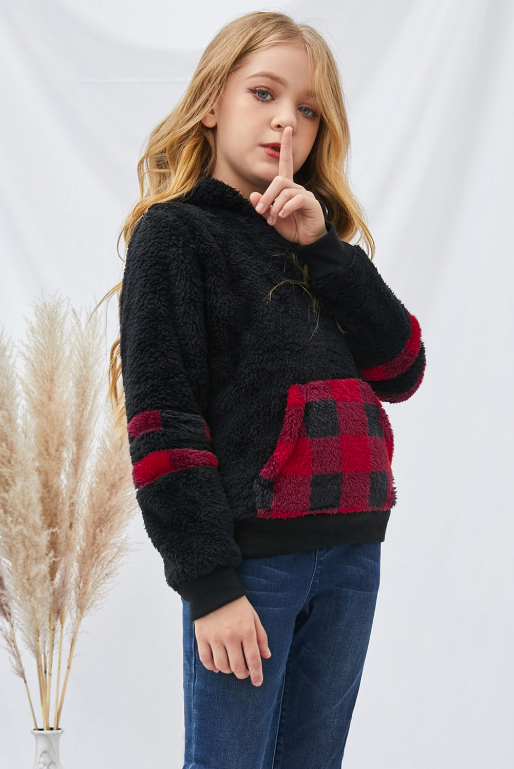 Little Girl Sherpa Plaid Pocket Hoodie