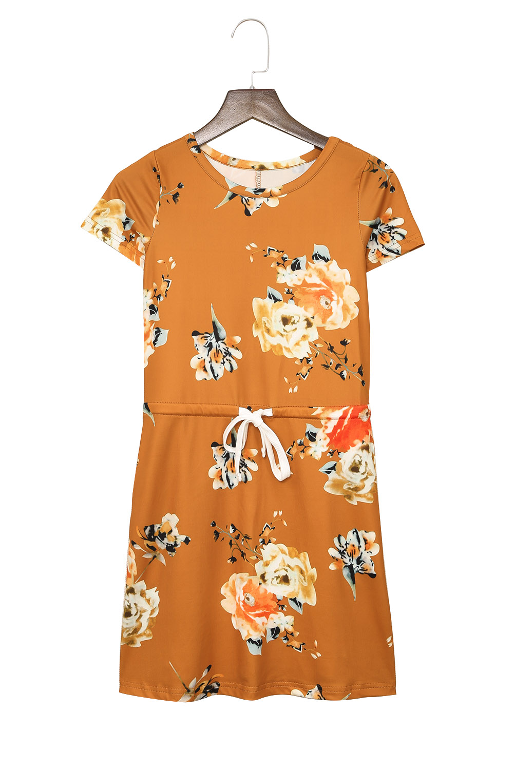 Orange Floral Print Drawstring Short Sleeve Girl's Mini Dress