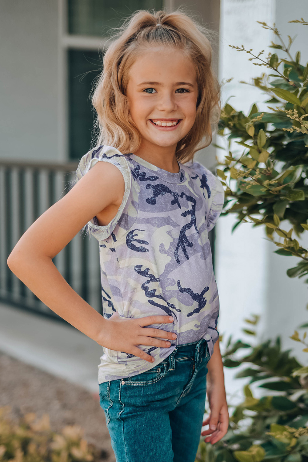 Gray Camo Print Flounced Armholes Little Girls' Tank