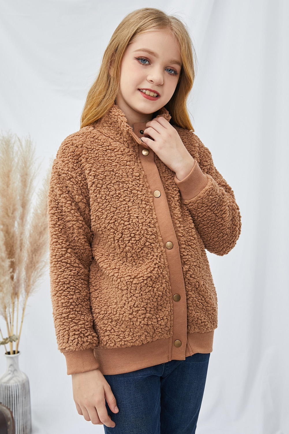 Brown Buttoned Solid Fleece Girl's Coat