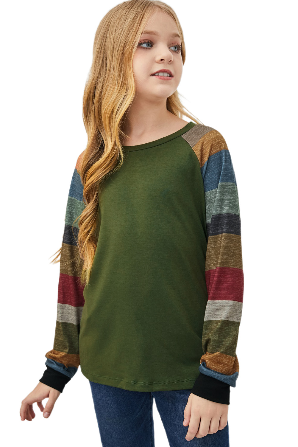 Green Striped Color Block Girl's Long Sleeve Top