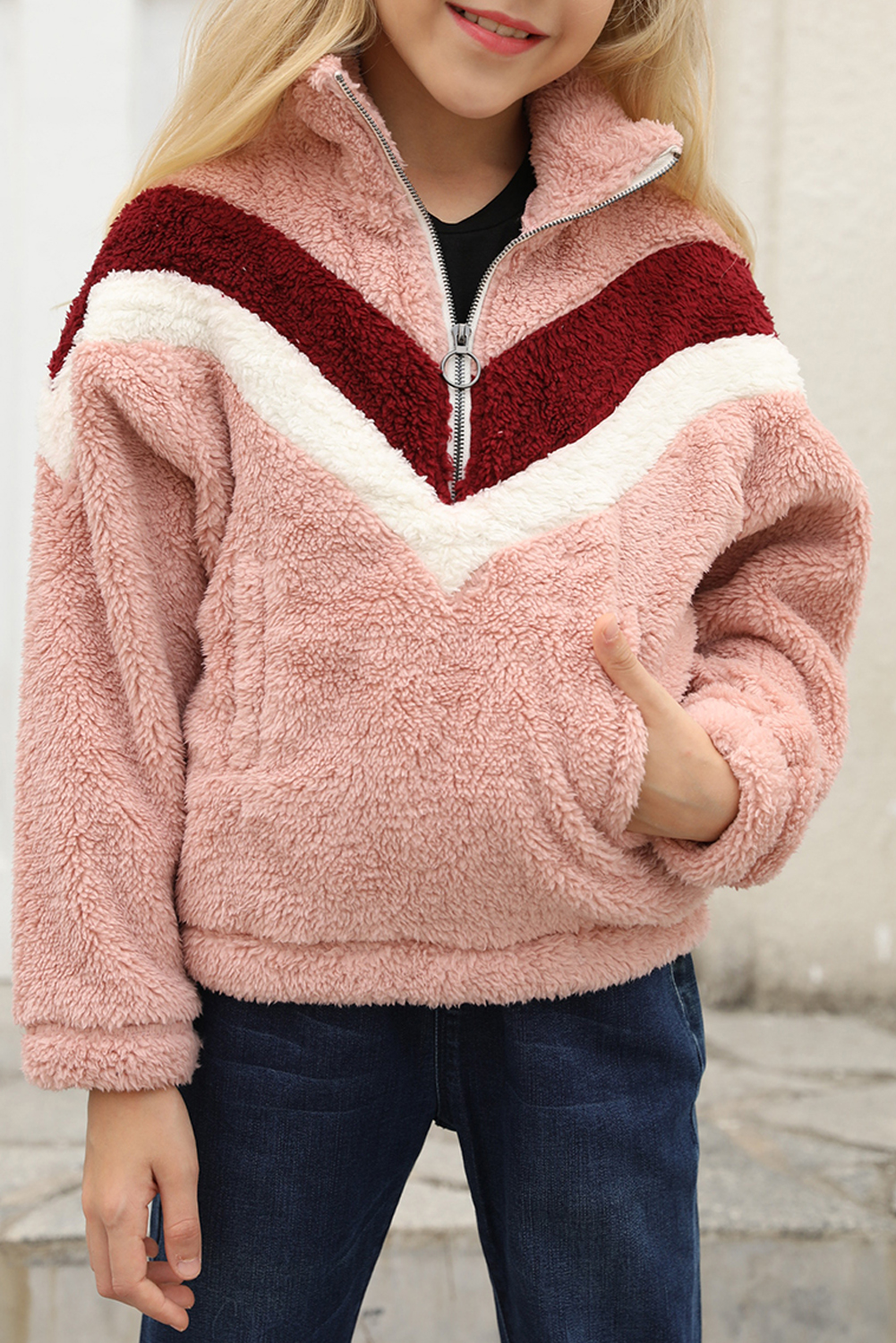 Pink Stripe Color Block Half Zip Girl Fleece Sweatshirt With Pocket