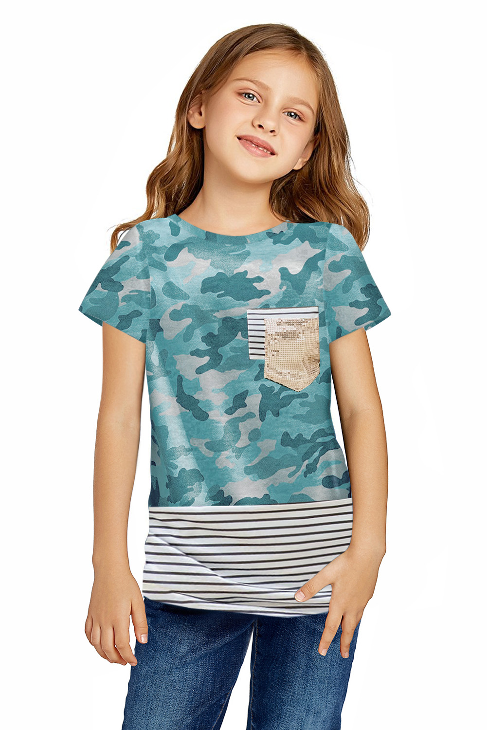 Green Camo Print Splicing Stripes Girls' T-Shirt