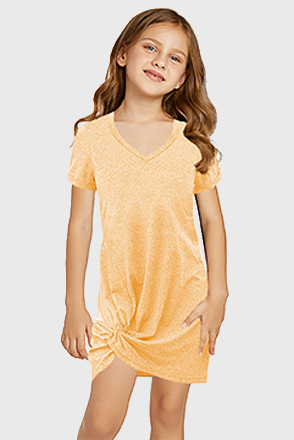 Yellow Little Girls' V Neck T-Shirt Mini Dress With Twist Hem