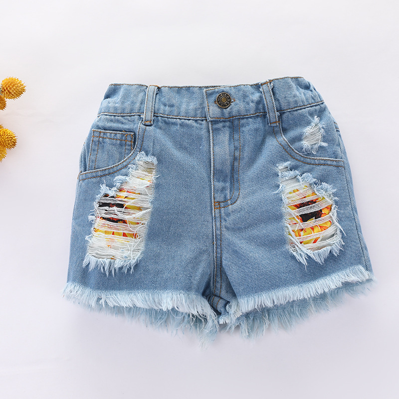 Girl's Sunflower Top & Ripped Denim Shorts Set