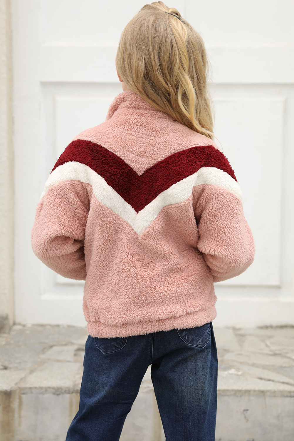 Pink Stripe Color Block Half Zip Girl Fleece Sweatshirt With Pocket