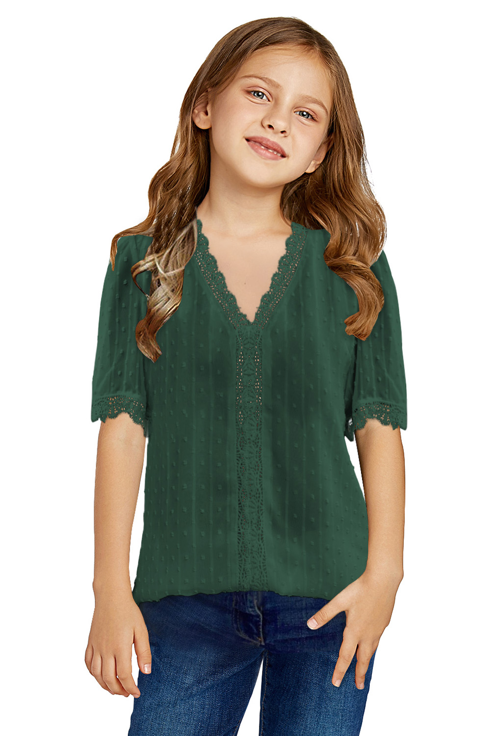 Green Swiss Dot Lace Short Sleeve Girls Top