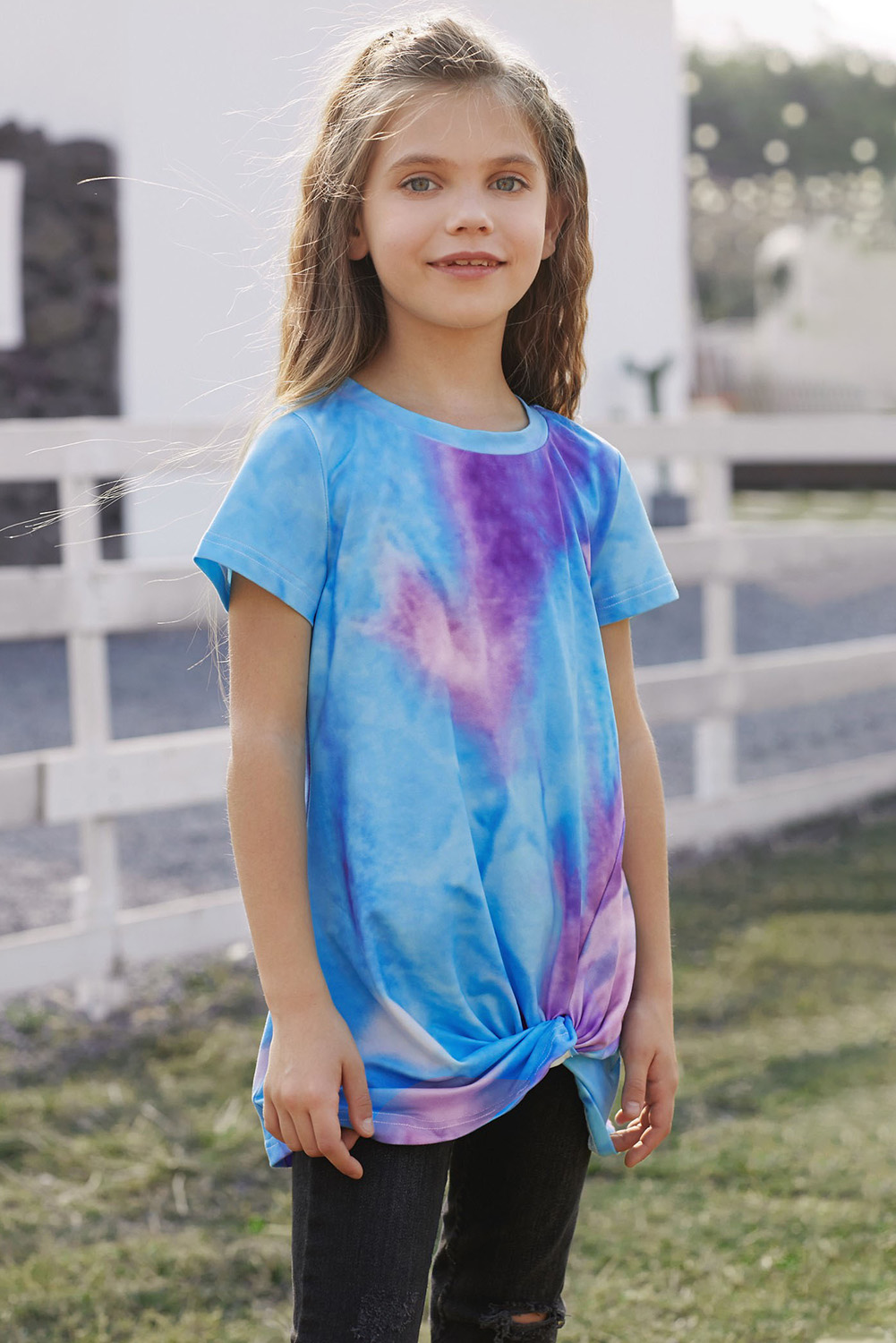 Sky Blue Twisted Tie-Dye Little Girls T-Shirt