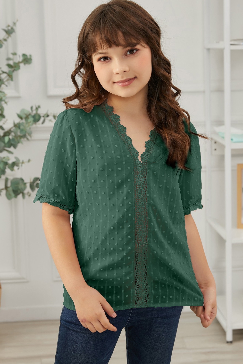 Green Swiss Dot Lace Short Sleeve Girls Top