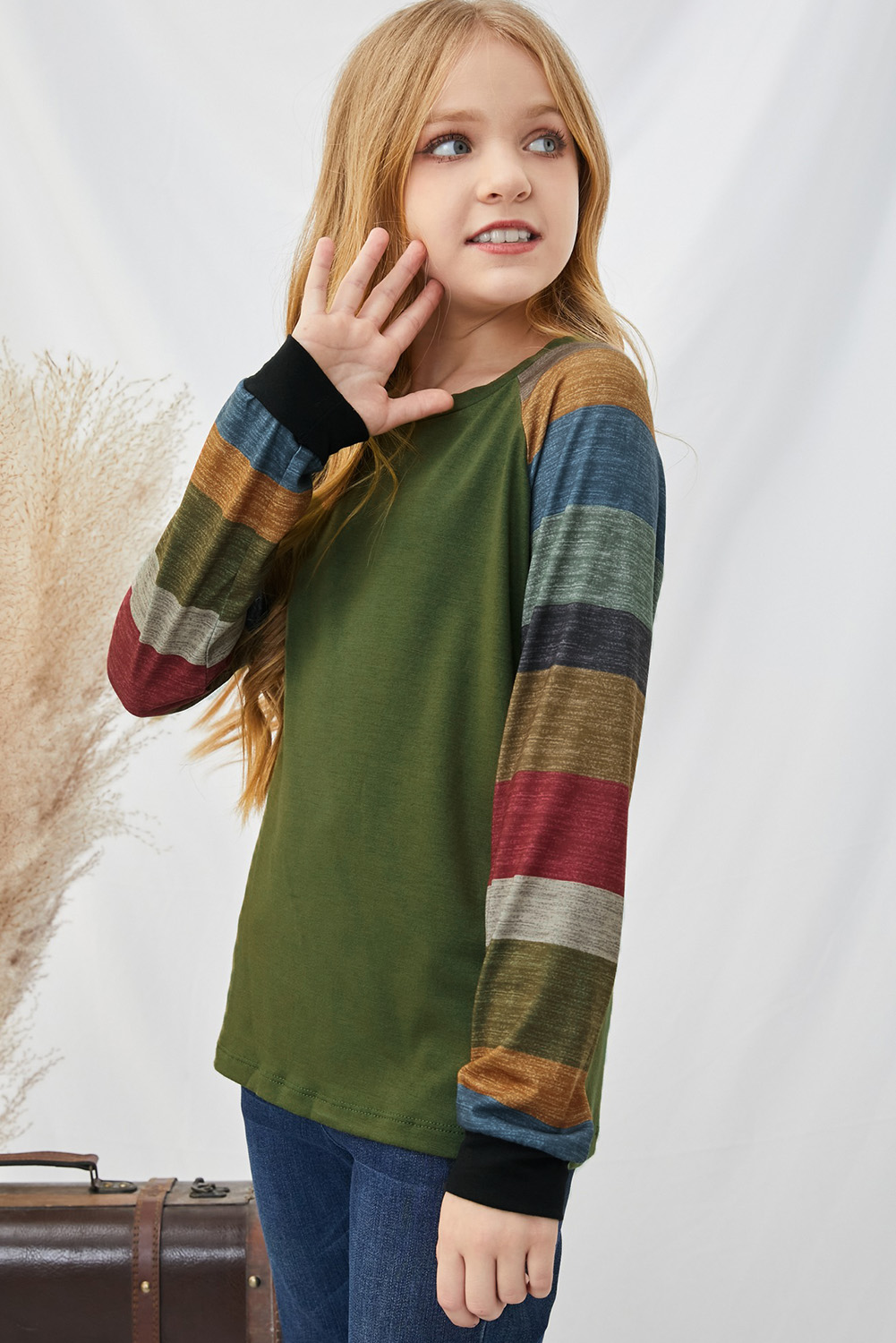 Green Striped Color Block Girl's Long Sleeve Top