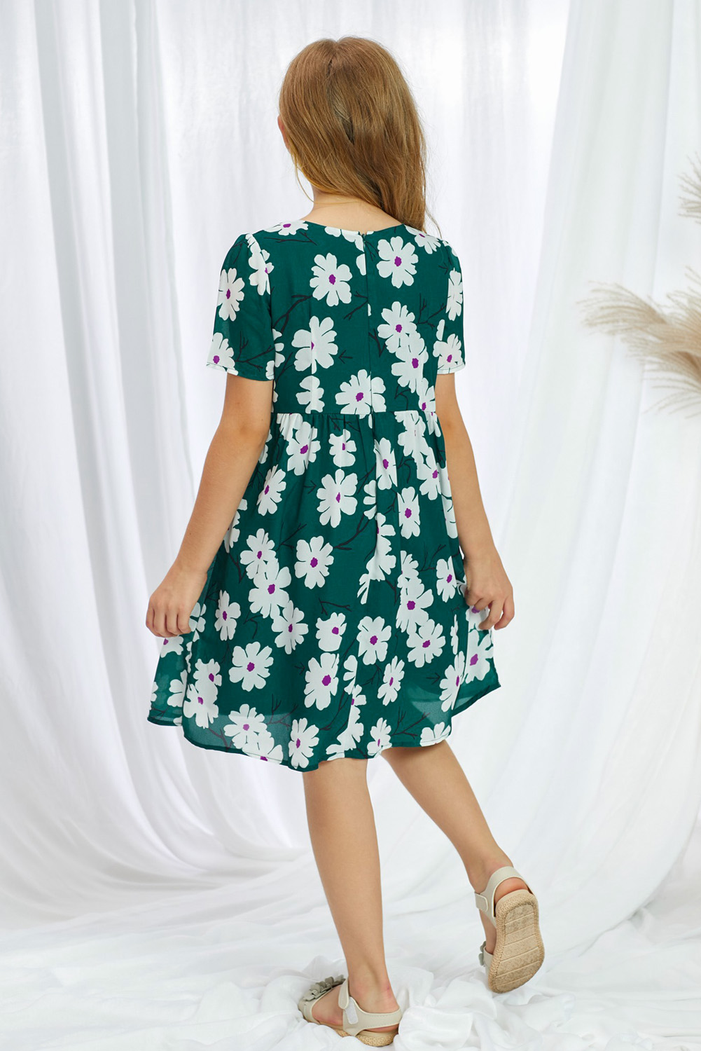 Green Crewneck Short Sleeve Pockets Floral Girl's Midi Dress