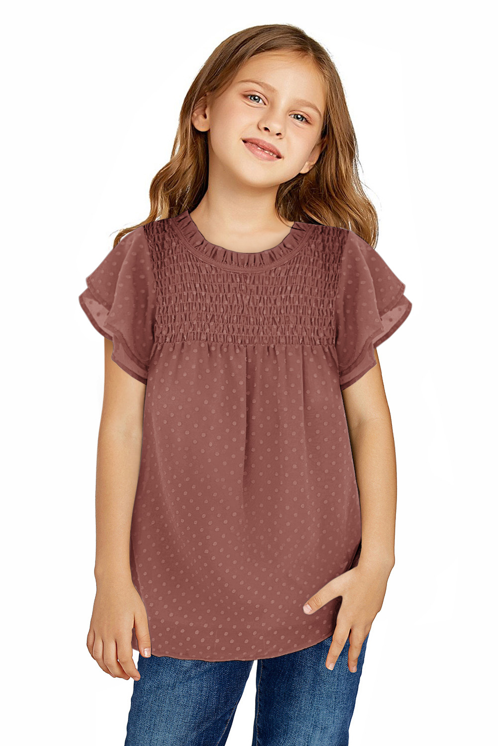 Little Girl Swiss Dot Ruffle Sleeves Top